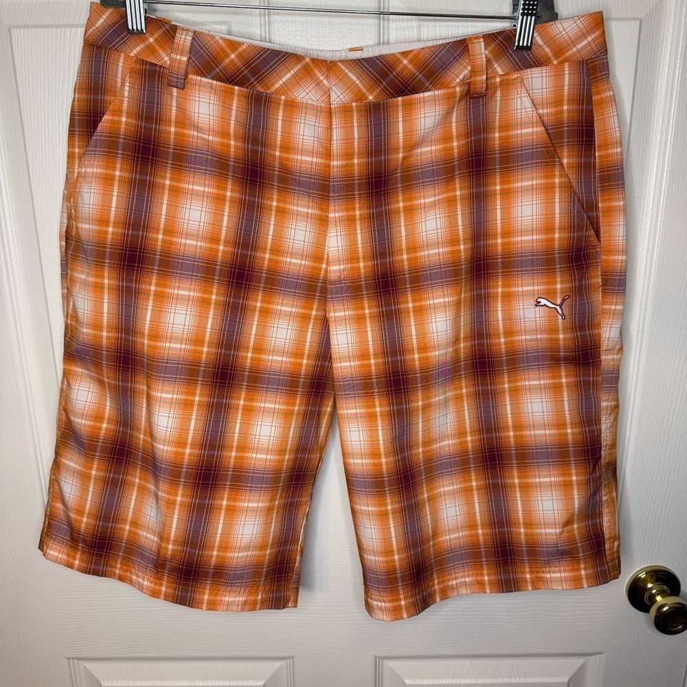 Puma Golf Vibrant Orange Plaid Checkered Shorts Size 38 GUC